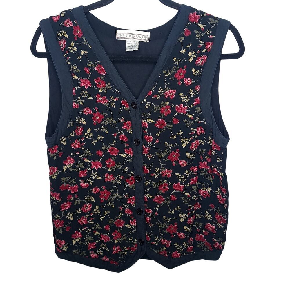 Vintage 90s Black Floral Vest S Cottagecore Whimsy Dark Romance Soft Goth Boho